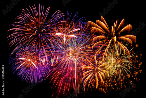 beautiful colorful firework display set for celebration happy new year and merry christmas and  fireworks on black background photo