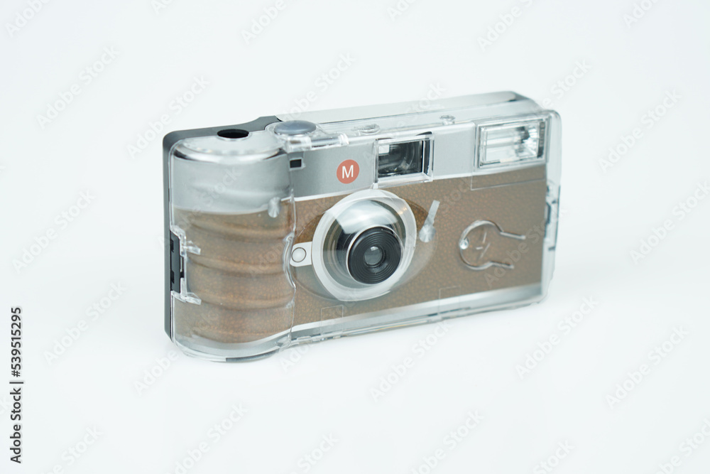 A 35mm disposable camera isolated on white background