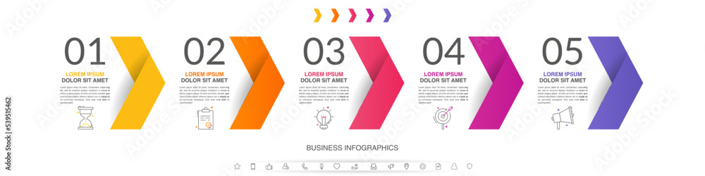 Vector timeline infographics with five steps, icons, flowchart, workflow and process infographic. Illustration template with arrows. Vector timeline infographics with five steps, icons, flowchart, workflow and process infographic. Illustration template with arrows.