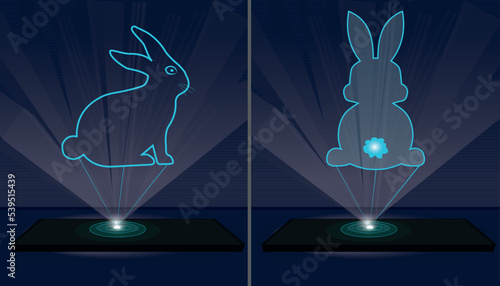 Two laser holographic projections of a rabbit.