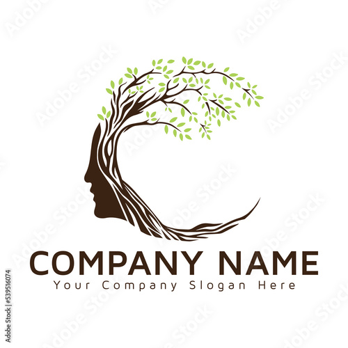 Modern green spring blooming tree with human face and roots on white background, vector, Vector person ecological, think green, tree brain logo concept. Unique Tree Vector illustration with a circle. 