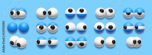 Simple 3D eyes. Cartoon eyeballs with eyelids, look forward and to sides. Facial expression graphic set