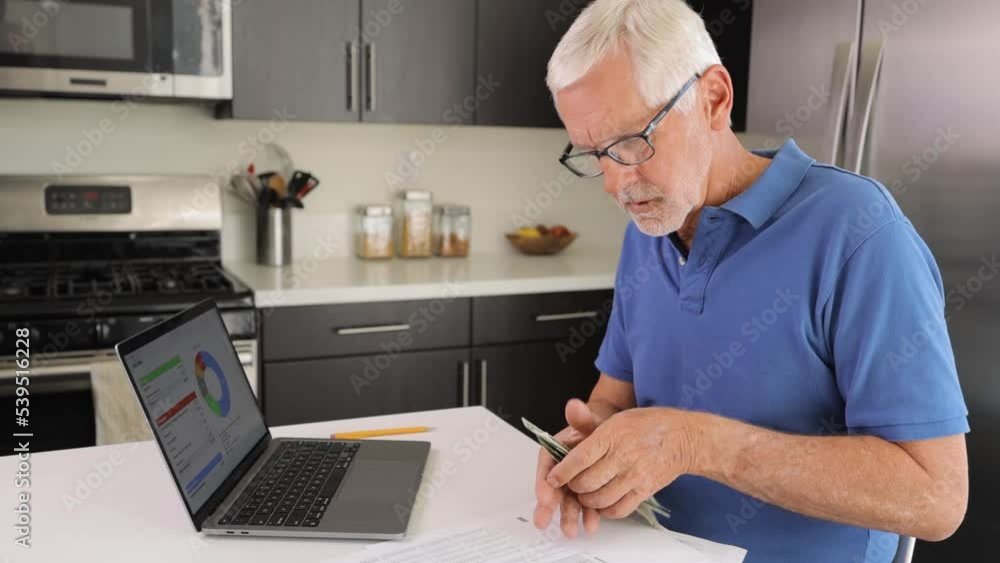 Mature man using a laptop to check his budget and pay bills. Mature man using a laptop to check his budget and pay bills.