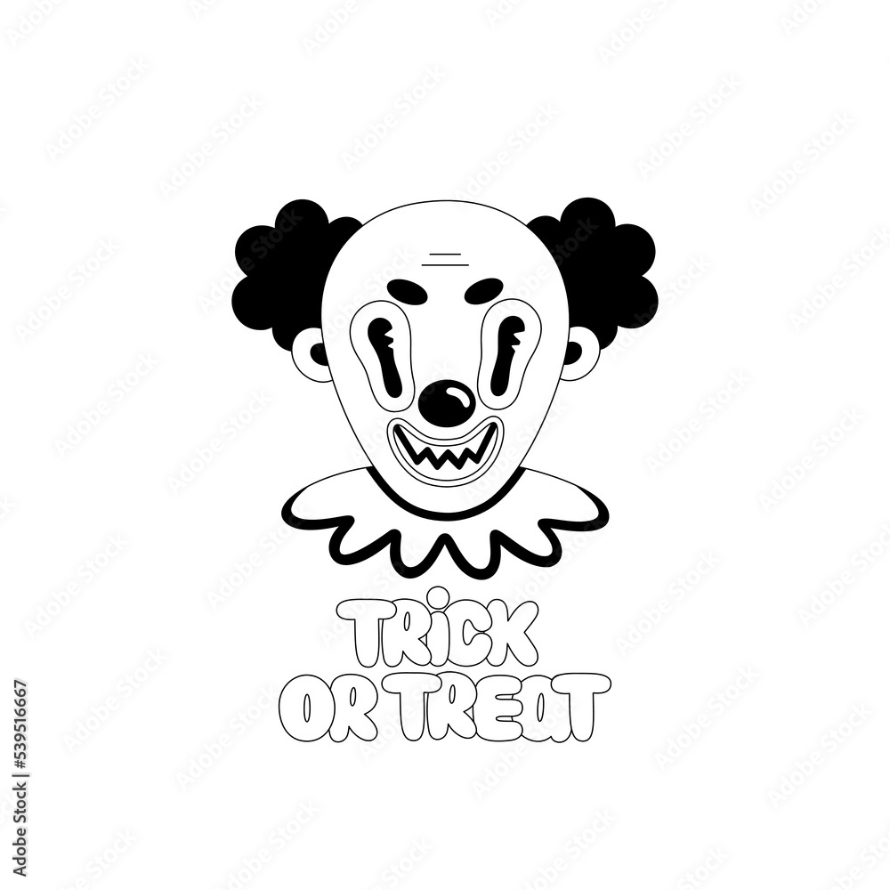 Fototapeta premium Creepy clown. Halloween spooky cartoon character isolated on white background. Trick or treat lettering. Black outline. Sticker, print on clothes, notebooks and phone cases. Vector illustration