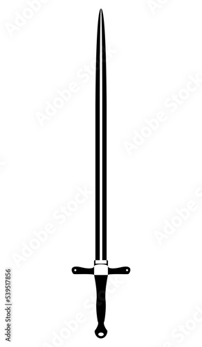 Sword in flat design. Simple black sword icon. Outline vector illustration isolated on white background.