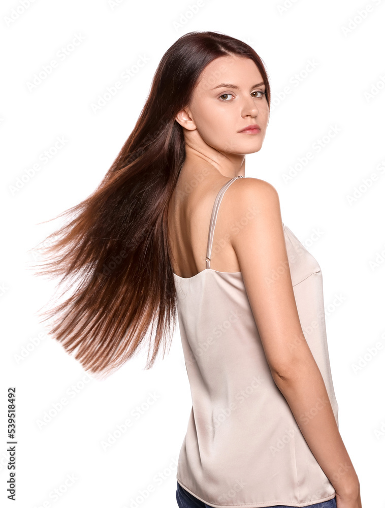 Portrait of beautiful young woman with healthy strong hair on white background Portrait of beautiful young woman with healthy strong hair on white background