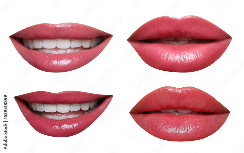 Attractive lips with beautiful lipsticks isolated on white, collage