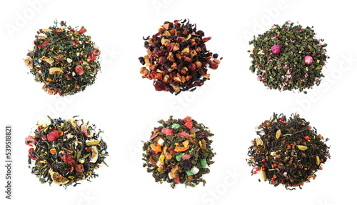 Set with aromatic herbal tea on white background, top view