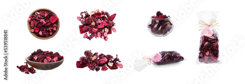 Set of scented sachets and bowls with potpourri on white background. Banner design photo