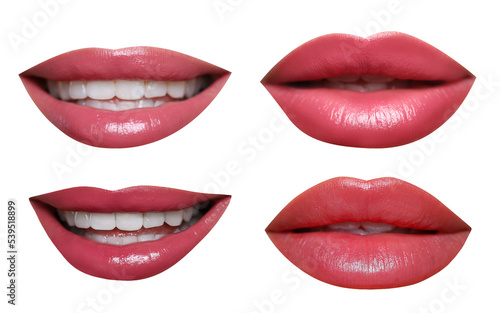 Attractive lips with beautiful lipsticks isolated on white  collage