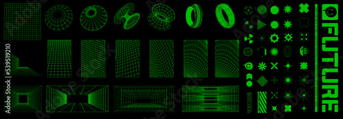 Set of retro futuristic design elements, perspective grids, tunnel. Cyberpunk retro futurism set, vaporwave. Digital elements for web design. Vector elements and signs in trendy psychedelic