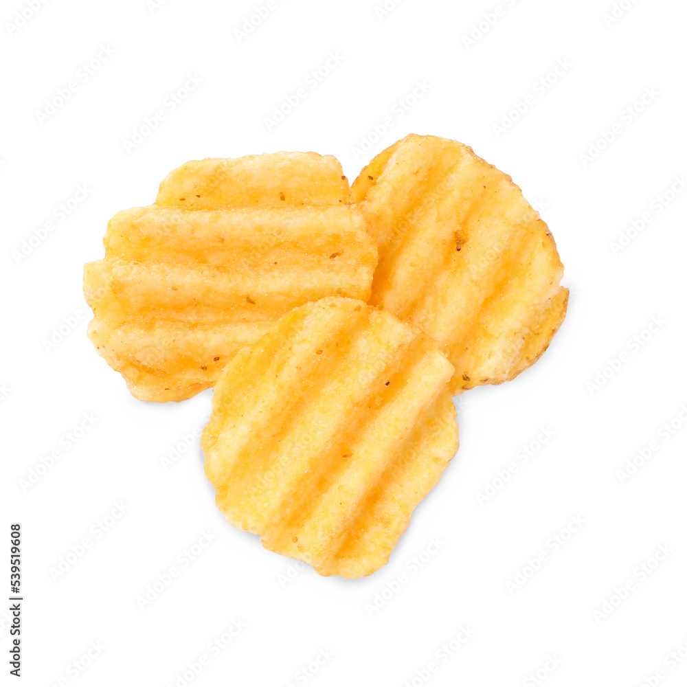 Delicious ridged potato chips on white background, top view Delicious ridged potato chips on white background, top view