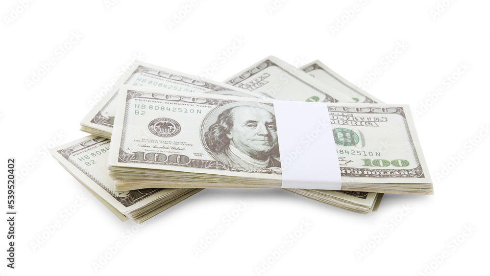 Bundles of dollar banknotes isolated on white. American national currency Bundles of dollar banknotes isolated on white. American national currency