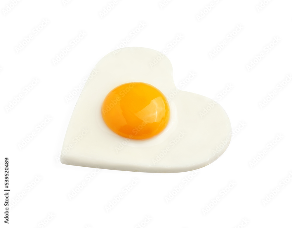 Tasty fried egg in shape of heart isolated on white Tasty fried egg in shape of heart isolated on white
