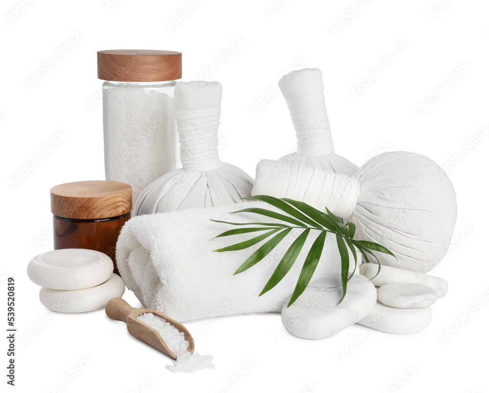 Beautiful spa composition with different body care products isolated on white Beautiful spa composition with different body care products isolated on white