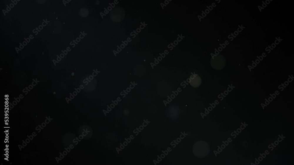 Abstract bokeh dust particles floating in the air on black background. Slow motion.