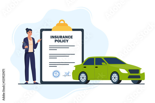 Car insurance concept. Woman insurance agent, insurance policy on clipboard and automobile. Vector illustration. © Alena