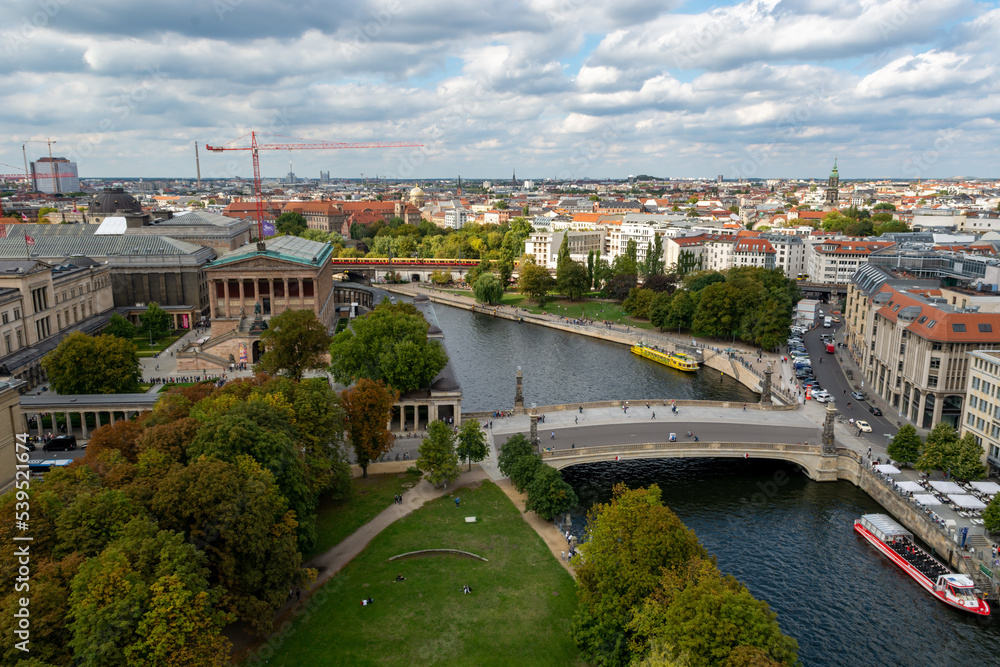Berlin Germany aerial view of museum island, river and bridge from cathedral in downtown Mitte