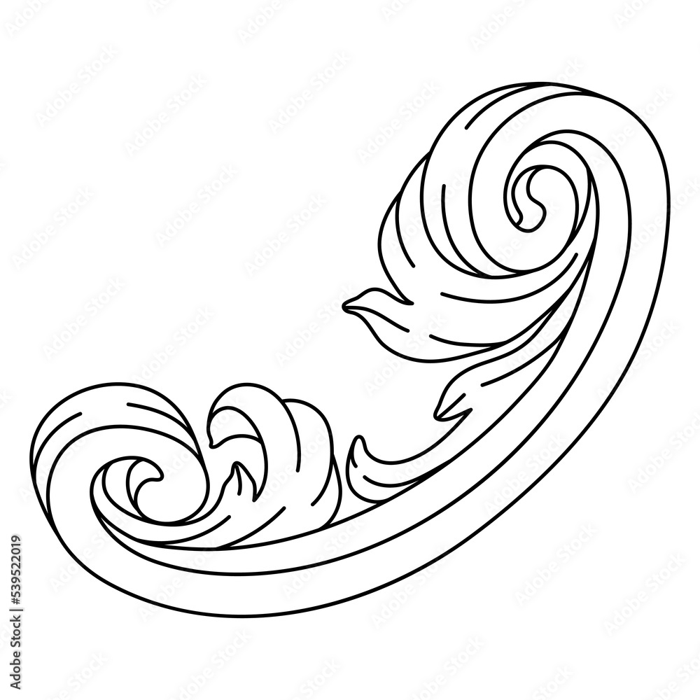Decorative floral element in baroque style. Engraved black curling plant. Decorative floral element in baroque style. Engraved black curling plant.