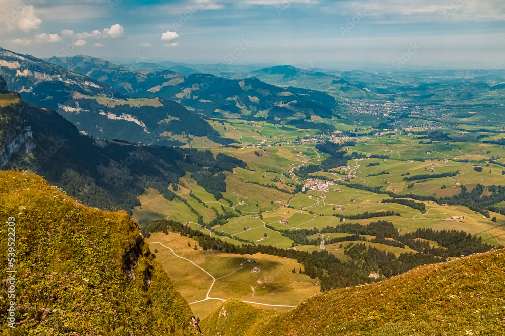 Beautiful alpine summer view at the famous Hoher Kasten summit, Bruelisau, Appenzell, Alpstein, Switzerland