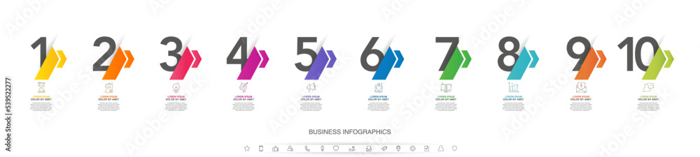 Vector timeline infographics with 10 steps, icons, flowchart, workflow and process infographic. Illustration template with arrows. Vector timeline infographics with 10 steps, icons, flowchart, workflow and process infographic. Illustration template with arrows.