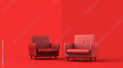 Realistic 2 red sofa mock up on red background  3D rendering   red monochrome color.
