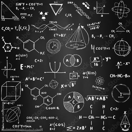 Math equations, chemistry and quantum physics research with geometrical figures on a black chalkboard at school