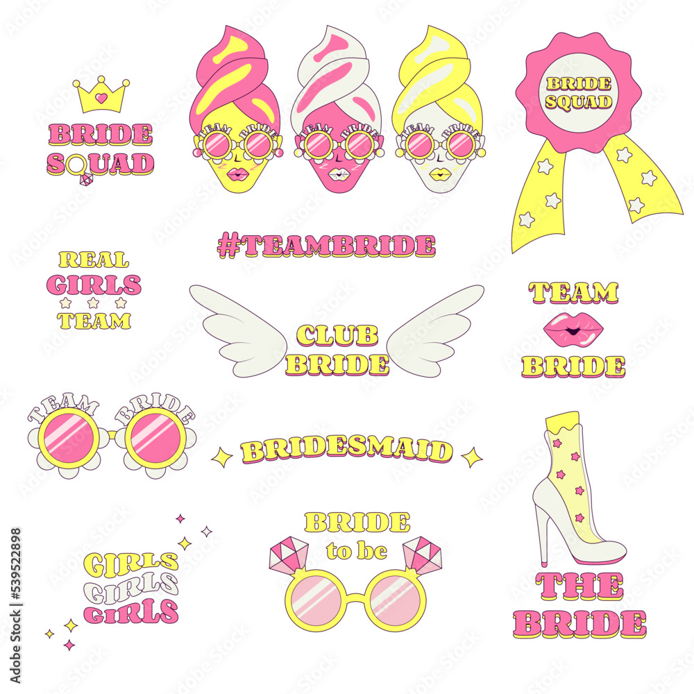 Set of Temporary Tattoo or Stickrs for Bridesmaids Club Bride Team Squad Hen Bachelorette Party Illustration in Groovy Style Set of Temporary Tattoo or Stickrs for Bridesmaids Club Bride Team Squad Hen Bachelorette Party Illustration in Groovy Style