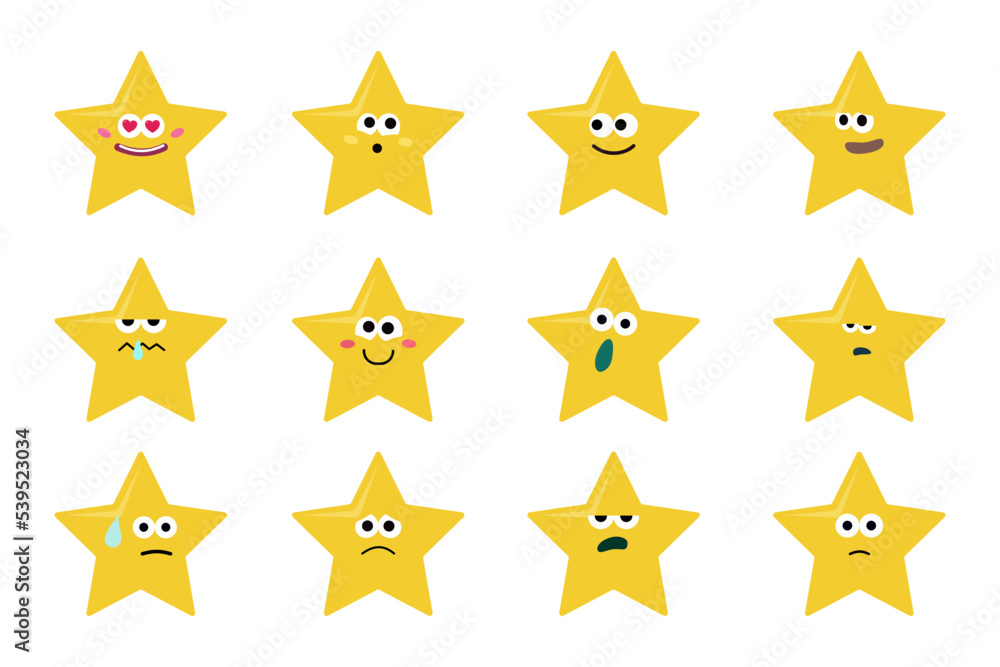 Set of cute star characters with different emotions cartoon faces collection. vector illustration. Set of cute star characters with different emotions cartoon faces collection. vector illustration.