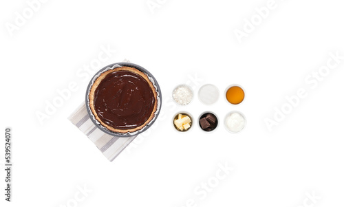 Food ingredients. Recipe. Chocolate cake. Raw ingredients isolated. Top view. Cooking book. Transparent background.