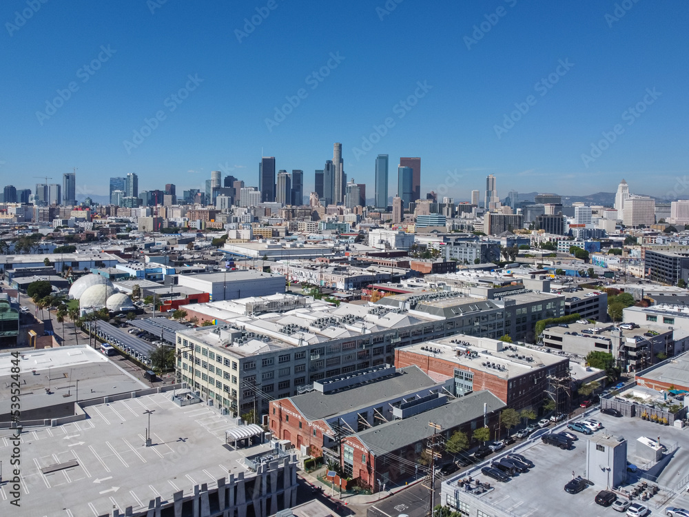 Los Angeles, California, USA – October 18, 2022: Aerial Drone Photo Toward Downtown LA with Arts District Area, Wisdome LA, Warehouses Baker Bros Factories
