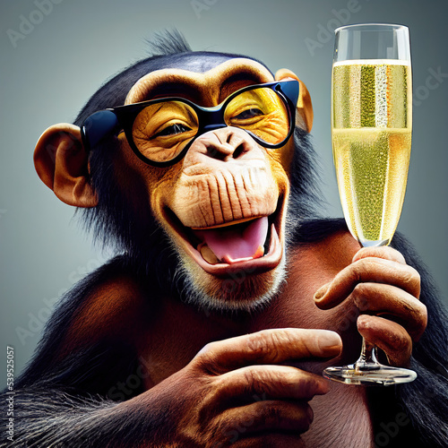 Foto Lustiger Schimpanse mit Sektglas und Brille