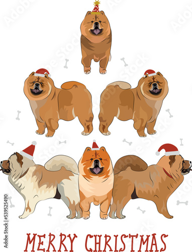Chow Chow dogs wearing winter hats. Cute funny dogs. Character design. Abstract Christmas tree. Vector illustration. Merry Christmas greeting card with the cute funny dog holiday poster.