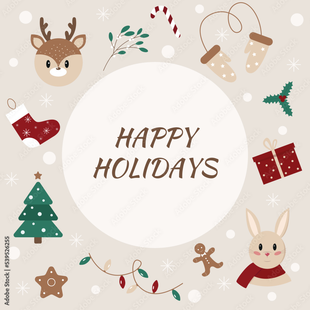 New Year or Christmas card with wish of Happy holidays. Cute festive elements on beige background with snowflakes. Vector illustration. New Year or Christmas card with wish of Happy holidays. Cute festive elements on beige background with snowflakes. Vector illustration.