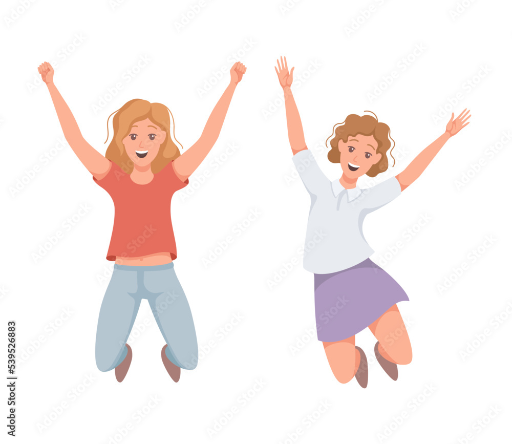 Happy Woman Character Jumping with Raised Hands Vector Set