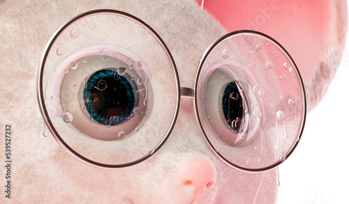 Mouse with glasses with raindrops, close-up. Concept of homeless animals. Cartoon mouse eyes, 3d render. Transparent background, PNG file