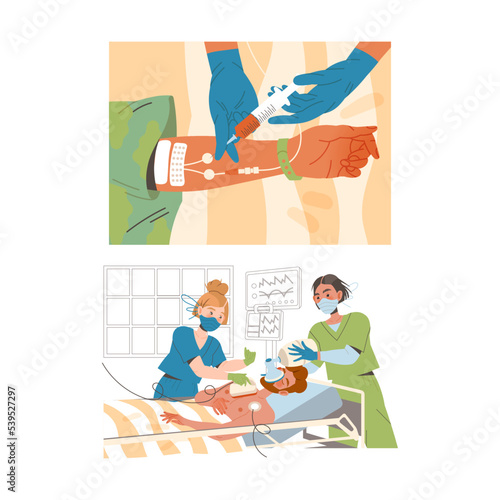 Doctor in Mask Giving Treatment to Patient Being in Hospital as Medical Staff Working in Clinic Vector Set