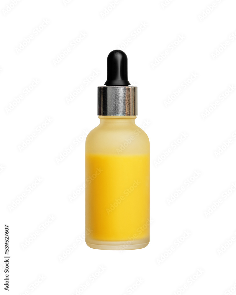 A bottle of vitamin C serum and slice of orange in the background with reflection. A bottle of vitamin C serum and slice of orange in the background with reflection.