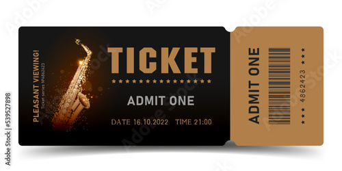 Jazz concert invitation ticket with saxophone on black background