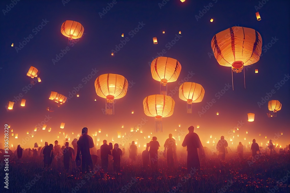 Chinese lanterns flying in the night sky. Lantern Festival at Chinese New  Year. Traditional flying Chinese lanterns are made from bamboo and rice  paper. 3D illustration for festive holiday background. Stock Illustration