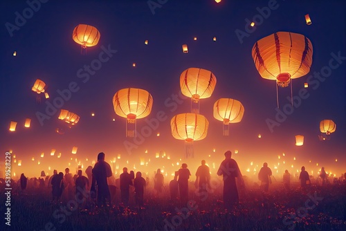Chinese lanterns flying in the night sky. Lantern Festival at Chinese New Year. Traditional flying Chinese lanterns are made from bamboo and rice paper. 3D illustration for festive holiday background. © bennymarty