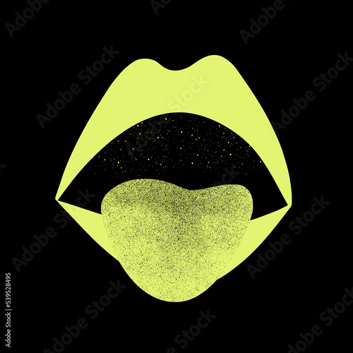 Open mouth with tongue sticking out noise textured vector illustration. Design element for poster, sticker, tattoo.