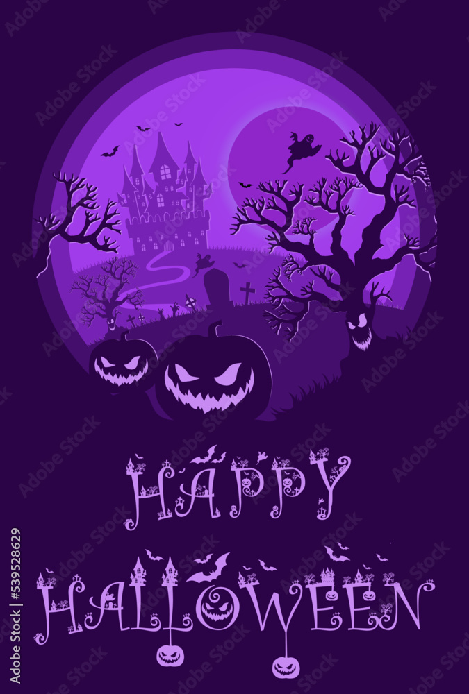 Halloween night background, pumpkins and dark castle. vector illustration. Halloween purple poster.