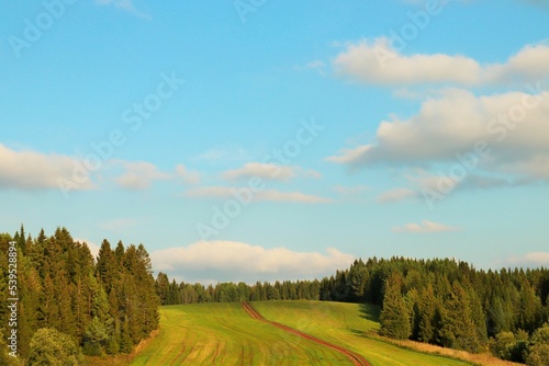A dirt road leads to the top of a green hill
