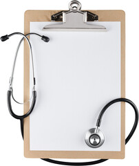 Stethoscope and blank paperclip isolated on background