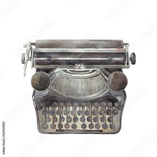 Typewriter. Typewriter, flowers, bow. Watercolor. Isolated. For advertising, banners, posters, templates, stickers, templates, labels. Women's theme, wedding, beauty, fashion, vintage, theater, holida