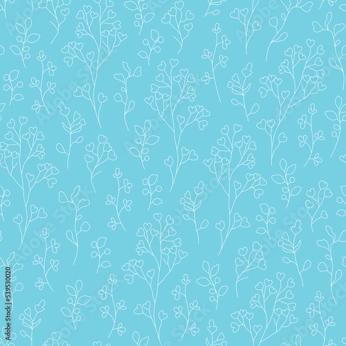 Vector seamless pattern with hand drawn wildflowers. Seamless linear texture with decorative leaves. Endless hand drawn white plants. Template for design of textiles, background, packaging, wrapping p