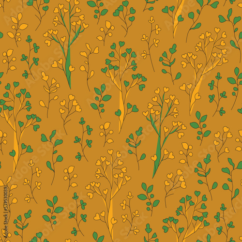 Vector seamless pattern with hand drawn wild flowers. Seamless linear texture with decorative leaves. Endless hand drawn plants. Template for design of textiles, background, packaging, wrapping paper