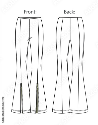 Vector flare pants for girls fashion CAD, sketch template, basic woman flared trousers technical drawing, trendy leggings flat, mock up. Jersey or woven fabric pants, from and back view, white color