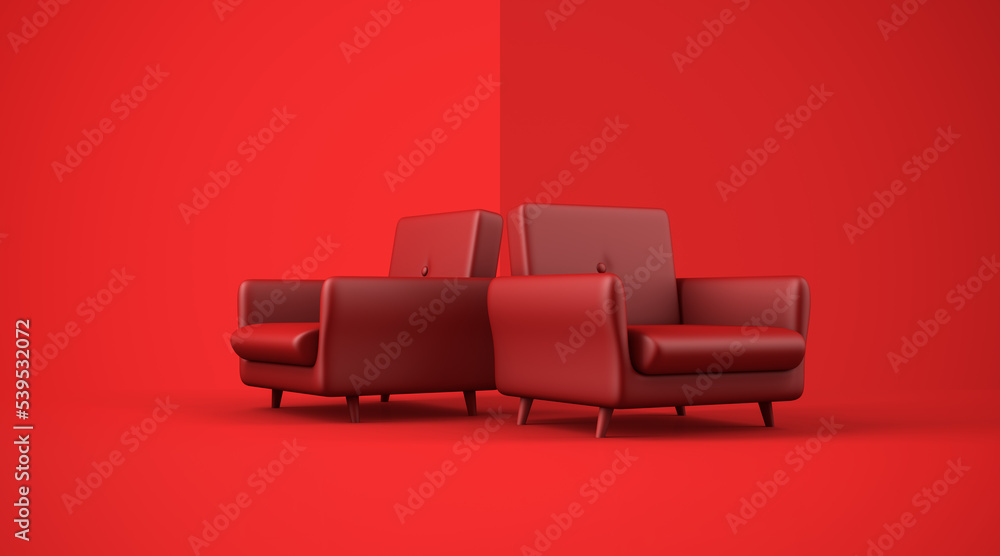 Realistic 2 red sofa mock up on red background, 3D rendering, red monochrome color. Realistic 2 red sofa mock up on red background, 3D rendering, red monochrome color.